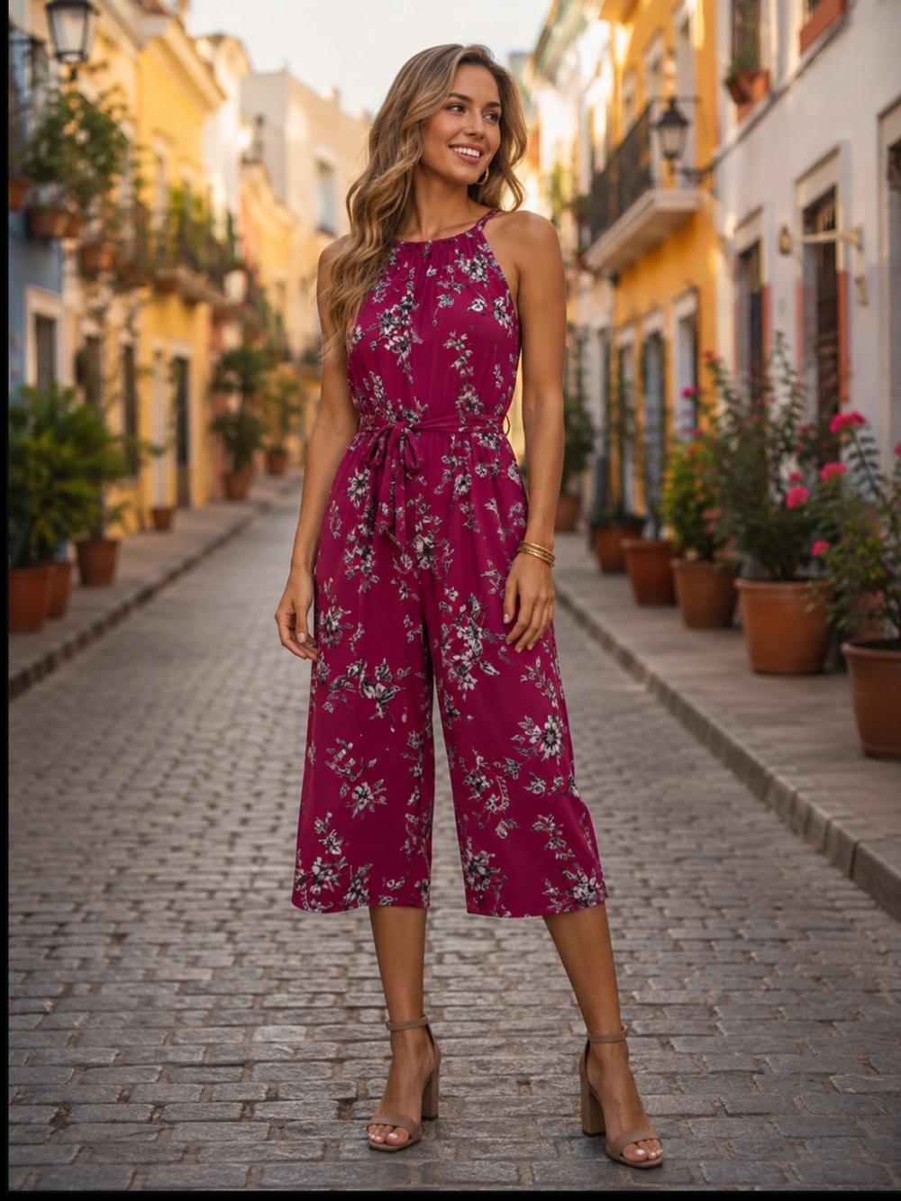 NWOT Maggy London Women’s Fuchsia Floral‎ Cropped Halter Jumpsuit